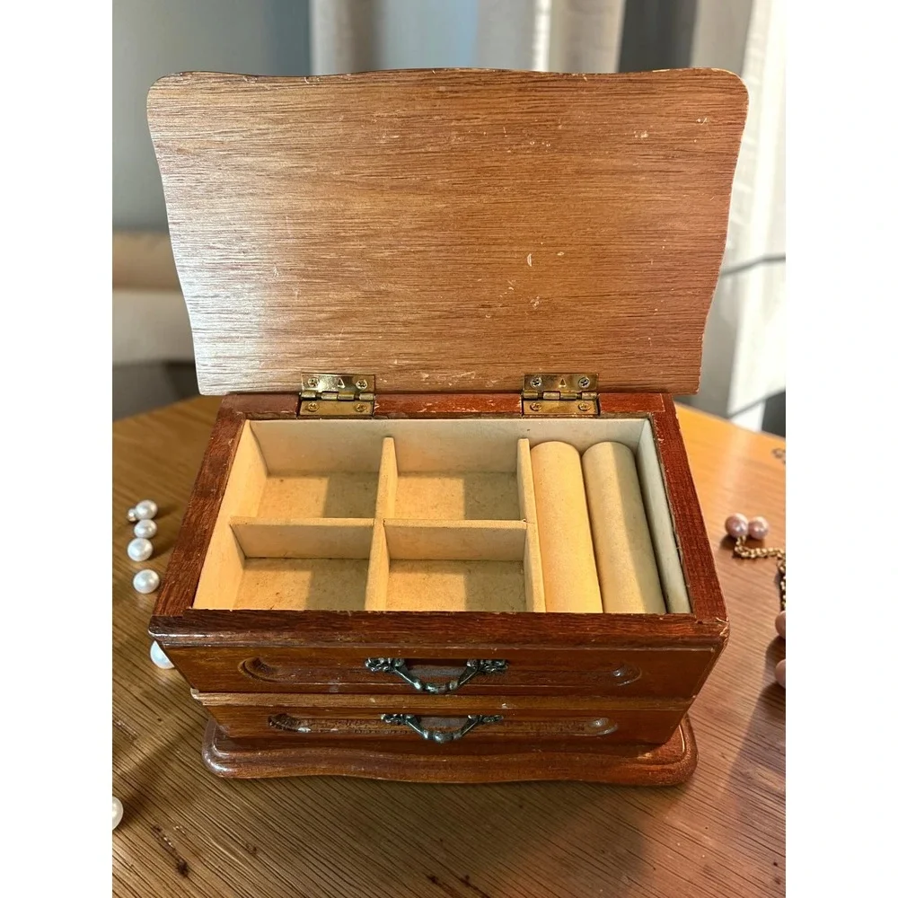 Vintage Wooden Jewelry Box with Drawers Ring Holder Victorian Style Dresser Box